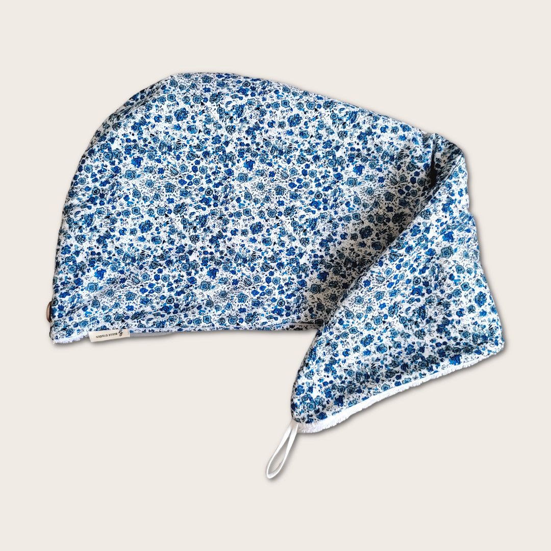 Turban sèche cheveux fleurs bleues